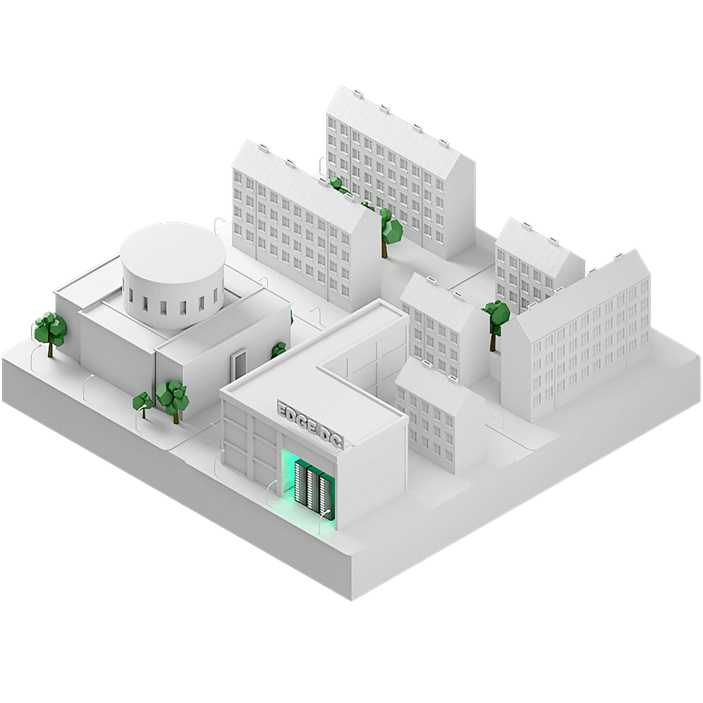 En 3D-modell av en stadsdel med ett datacenter infogat i fasaden på en av byggnaderna.