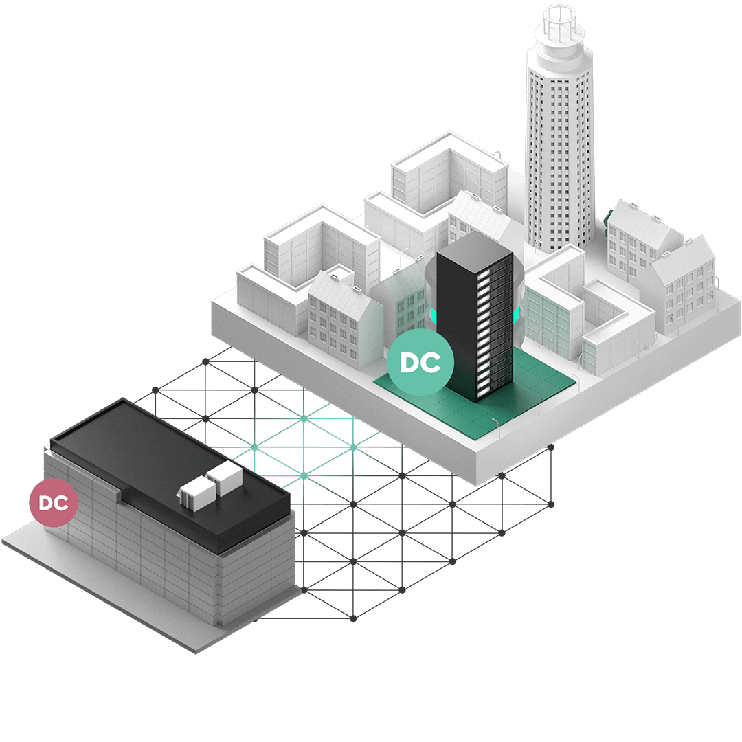 En stadsdel med ett server-rack som sammankopplats med ett dedikerat datacenter över ett meshat fibernätverk.