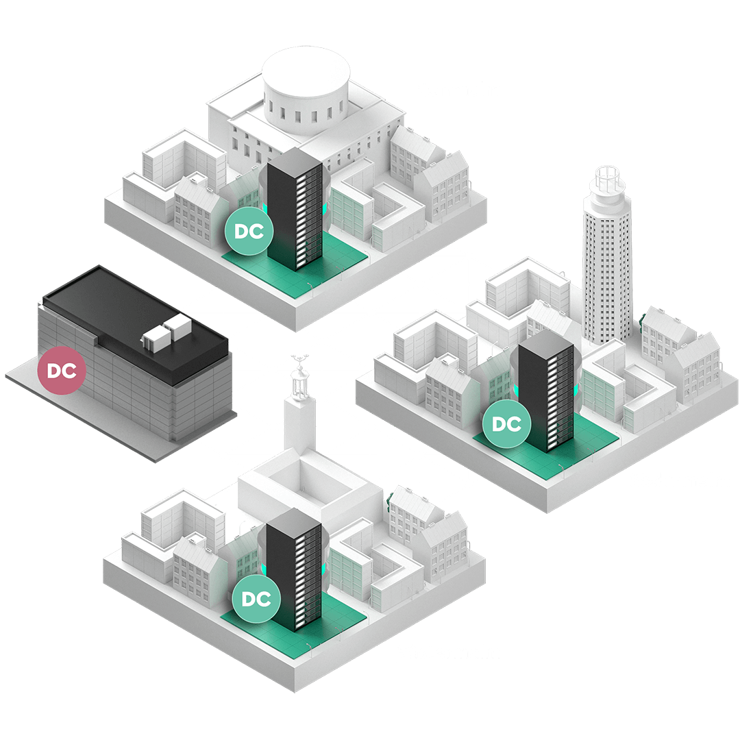 De i stockholm belägna stadsdelarna västermalm, södermalm och norrmalm sammanlänkade över ett fibernätverk. I varje stadsdel står ett server-rack som representerar en del av ett virtualiseringskluster. Till vänster i bild syns ett datacenter.