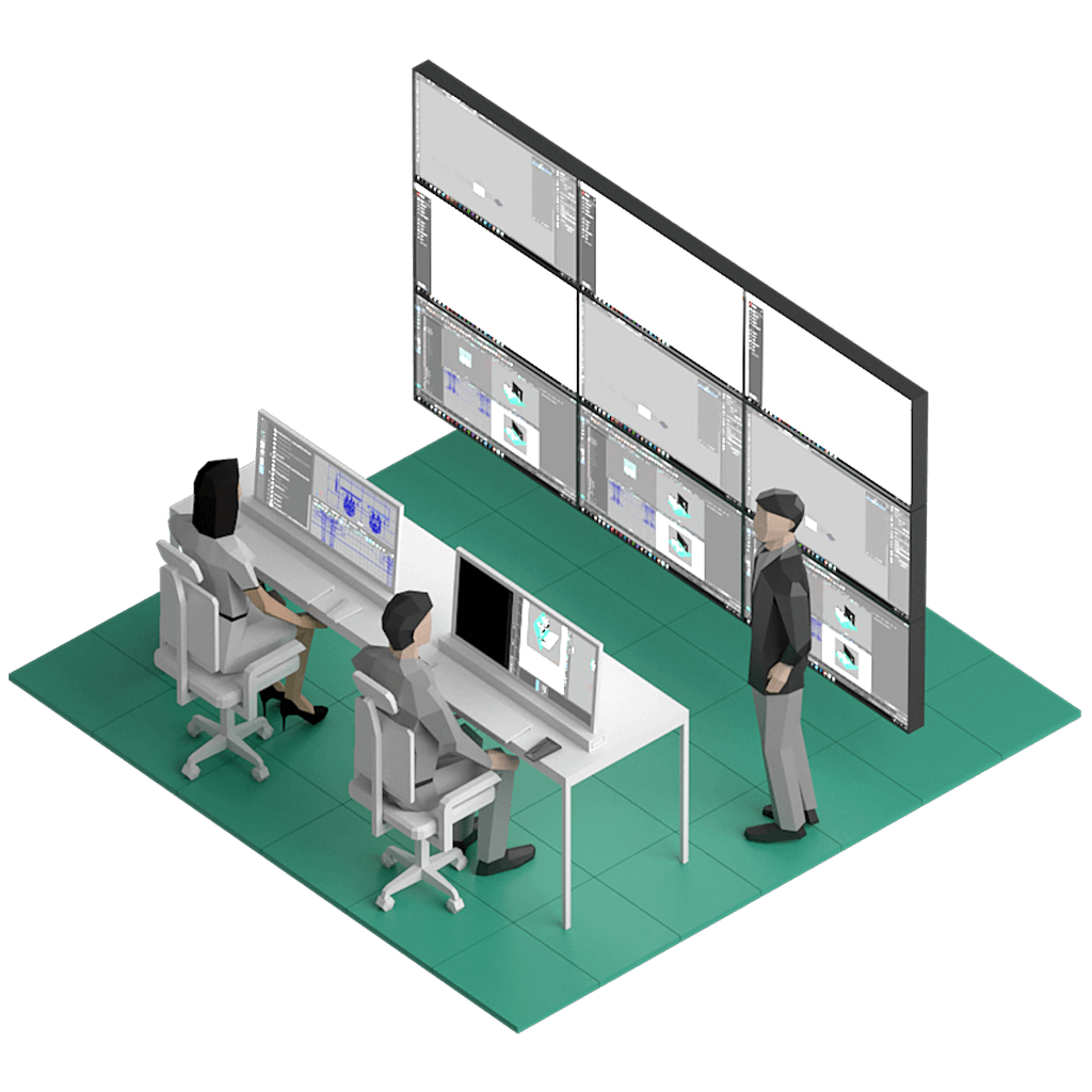 Två sittande personer som övervakar utrustning via två monitorer. I bekgrunden finns en större monitor med en person bredvid.