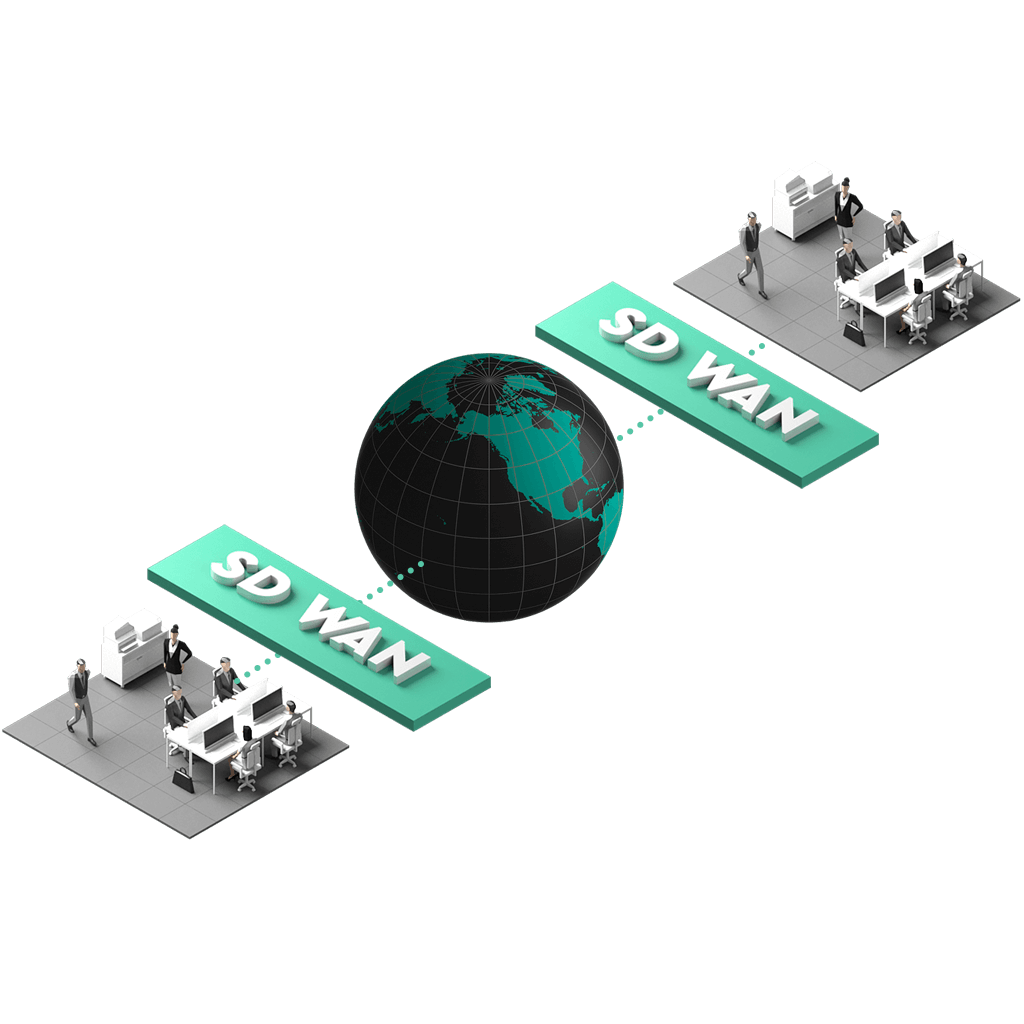 Två kontor åtskilda av en jordglob som är sammankopplade i ett LAN med SD-WAN.
