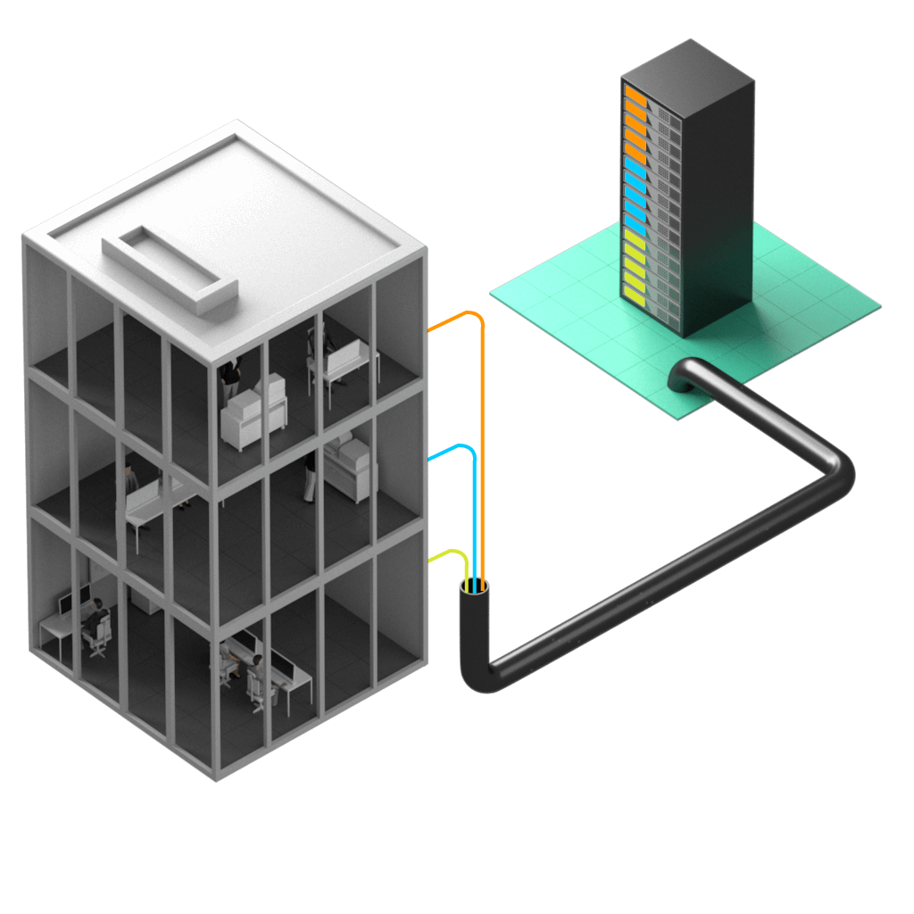 En kontorsbyggnad med tre våningsplan i genomskärning. Varje våning har en olikfärgad anslutning som termineras i ett serverskåp placerat en liten bit bortanför byggnaden.